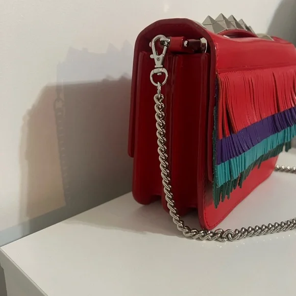 Like New Salar Fringed Red Leather Crossbody Bag Purse with Multicolor Layers - Picture 2 of 13